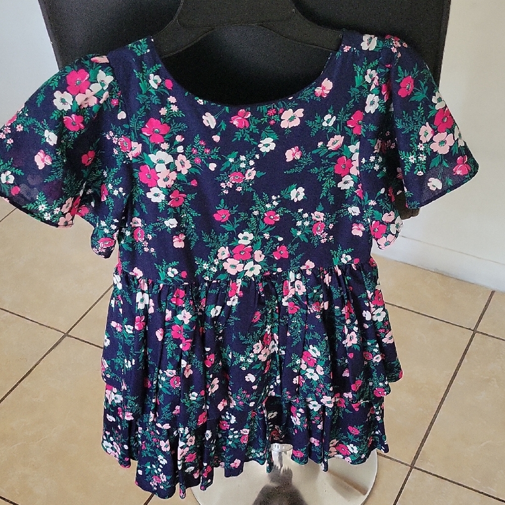 Janie and Jack Navy Floral Tiered Dress with Pink Accents